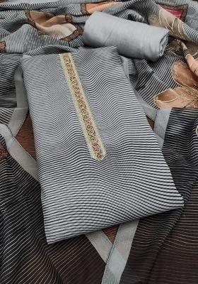 Grey Embroidered Oragnza Dress Material