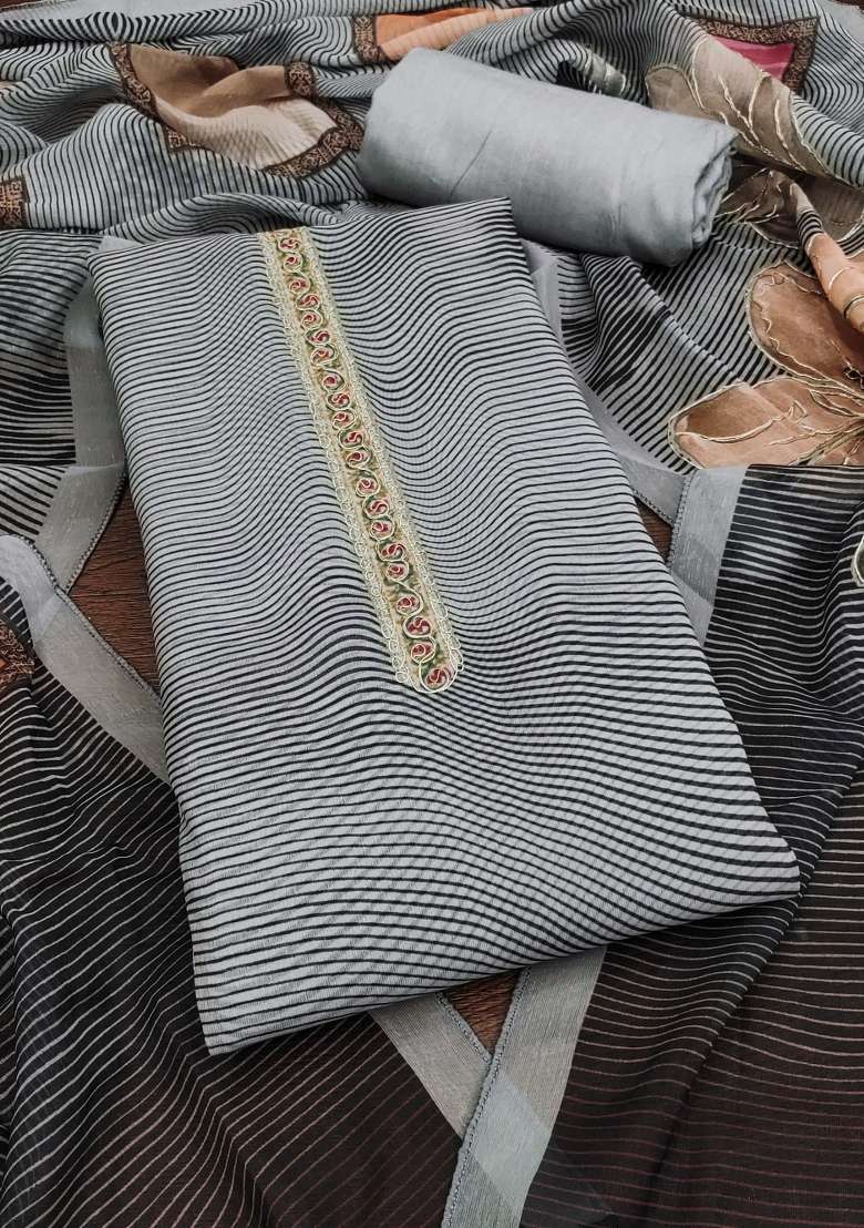 Grey Striped Organza Straight Kurta Set - Indya