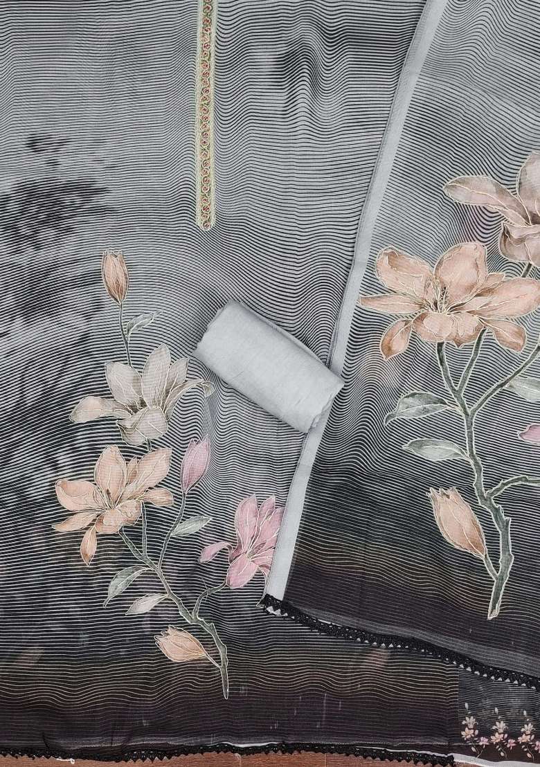 Grey Striped Organza Straight Kurta Set - Indya