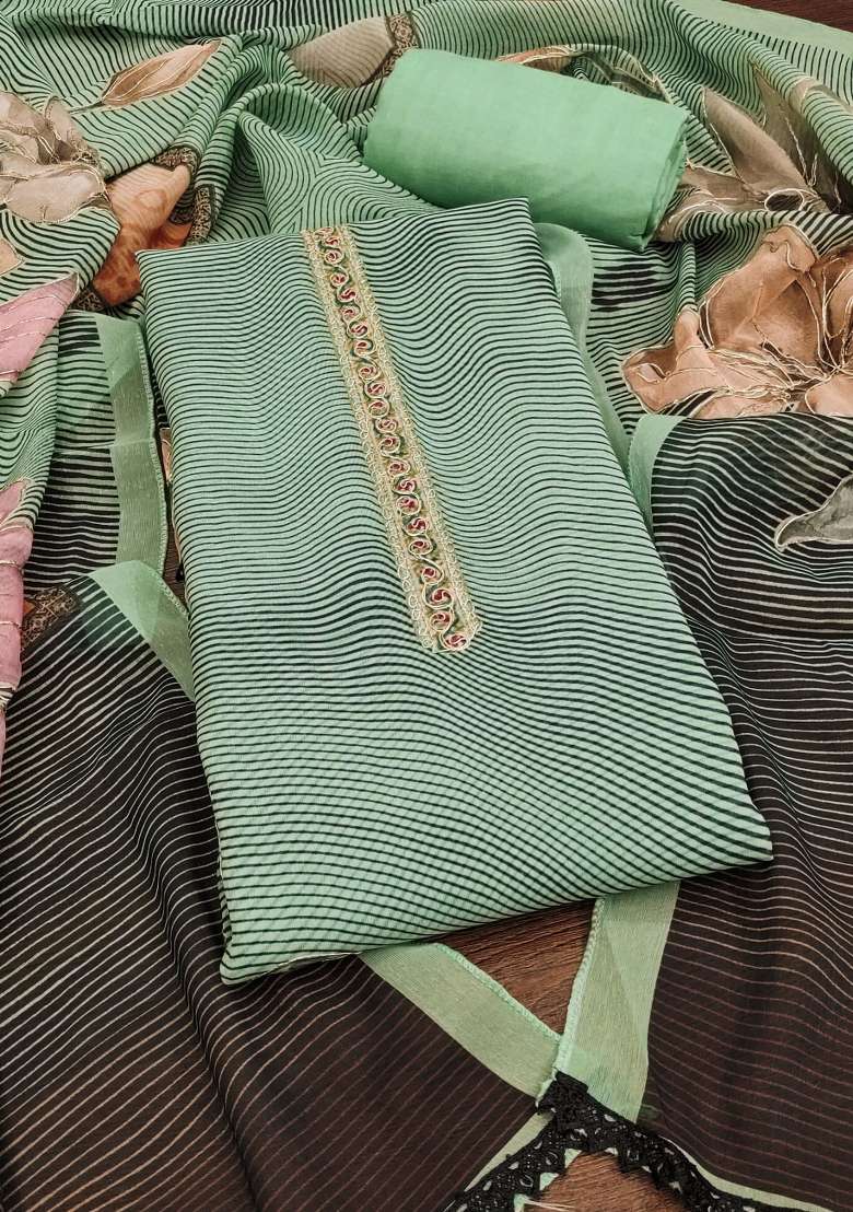 Green Striped Organza Straight Kurta Set - Indya