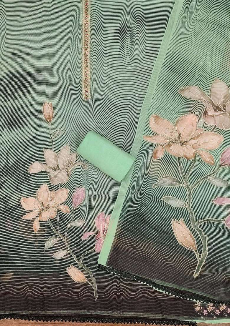 Green Striped Organza Straight Kurta Set - Indya