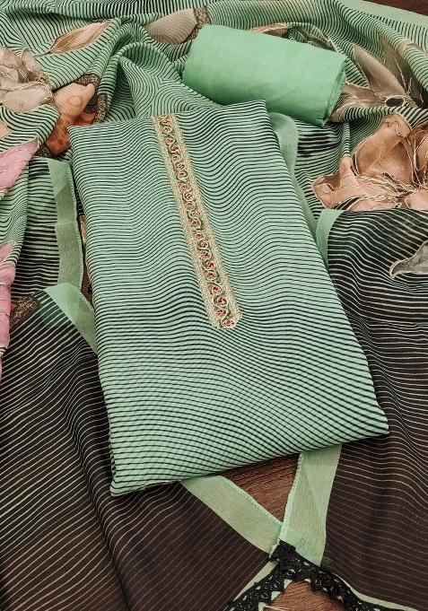 Green Striped Organza Straight Kurta Set