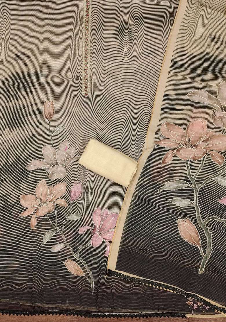 Peach Striped Organza Straight Kurta Set - Indya