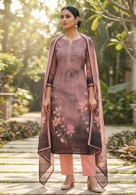 Pink Embroidered Oragnza Dress Material