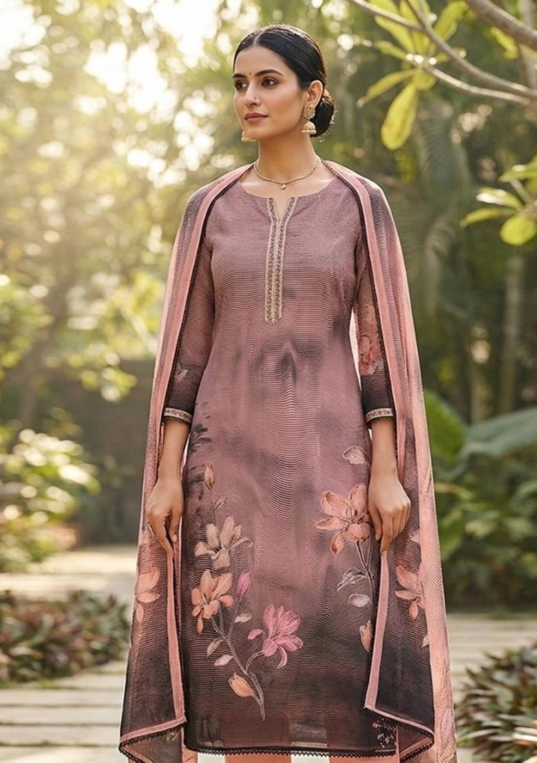 Pink Embroidered Oragnza Dress Material - Indya