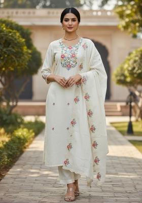 White Embroidered Silk Dress Material