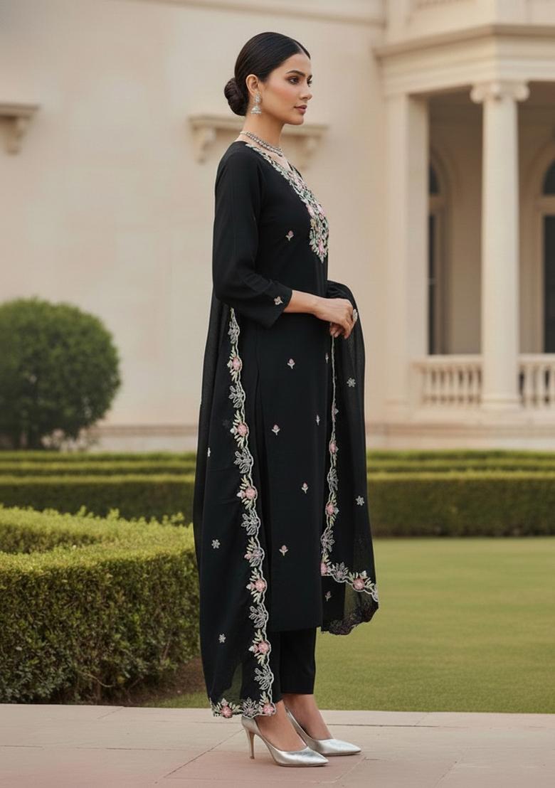 Black Embroidered Silk Dress Material - Indya