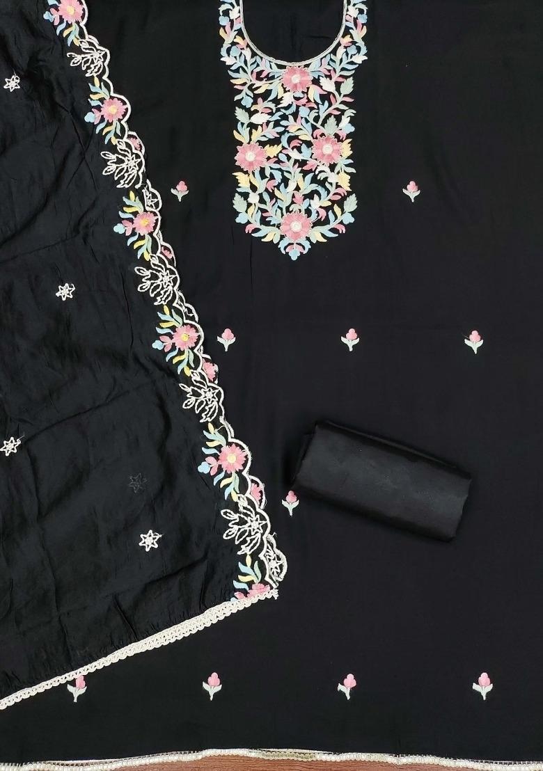 Black Embroidered Silk Dress Material - Indya