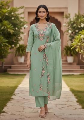 Sea Green Embroidered Silk Dress Material