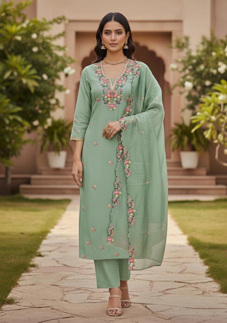 Sea Green Embroidered Silk Dress Material - Indya