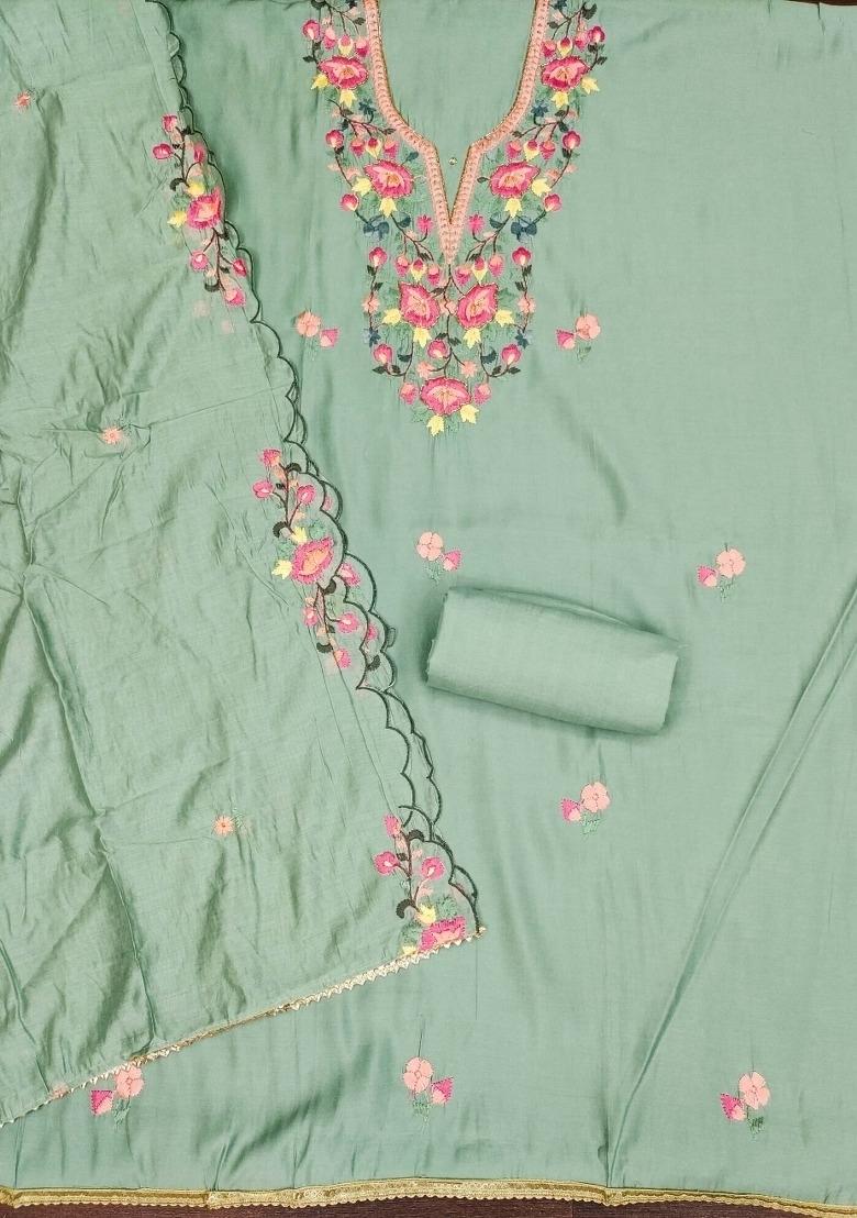 Sea Green Embroidered Silk Dress Material - Indya