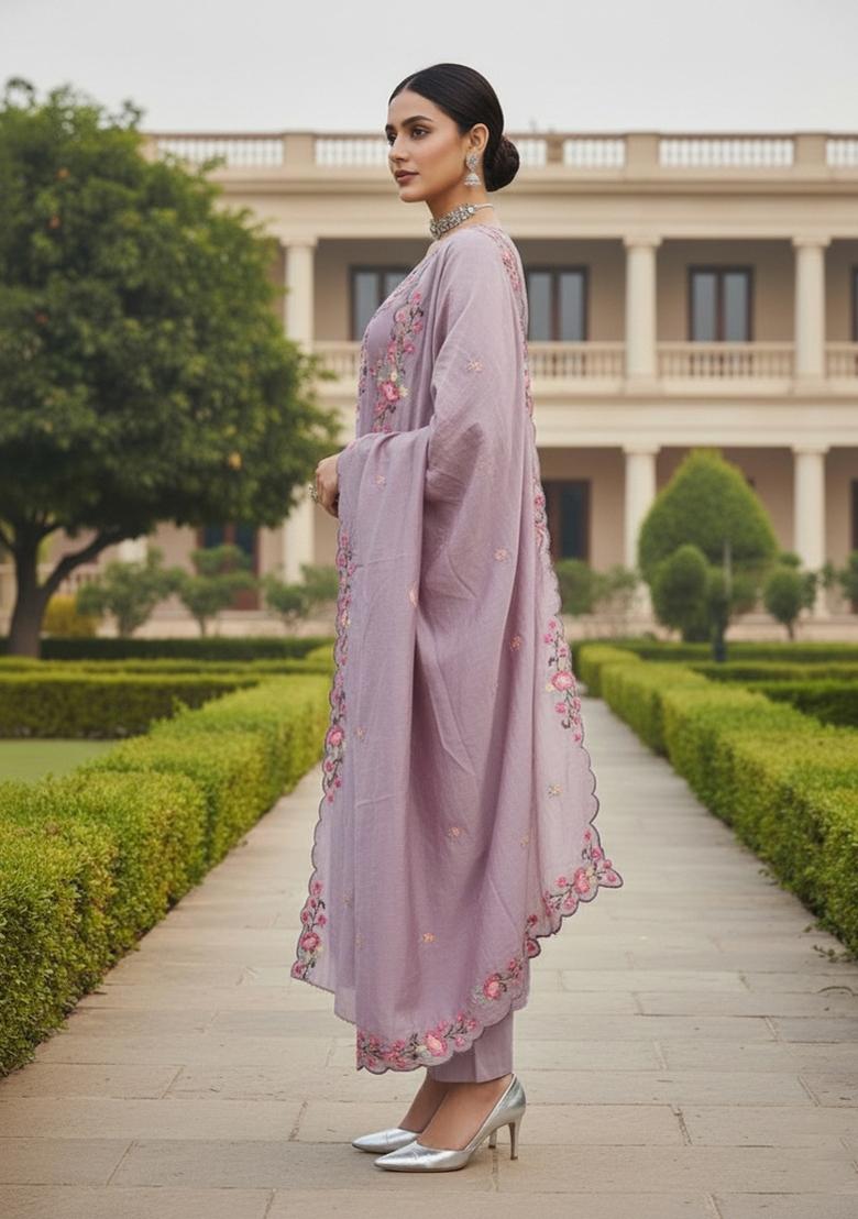 Lavender Embroidered Silk Dress Material - Indya
