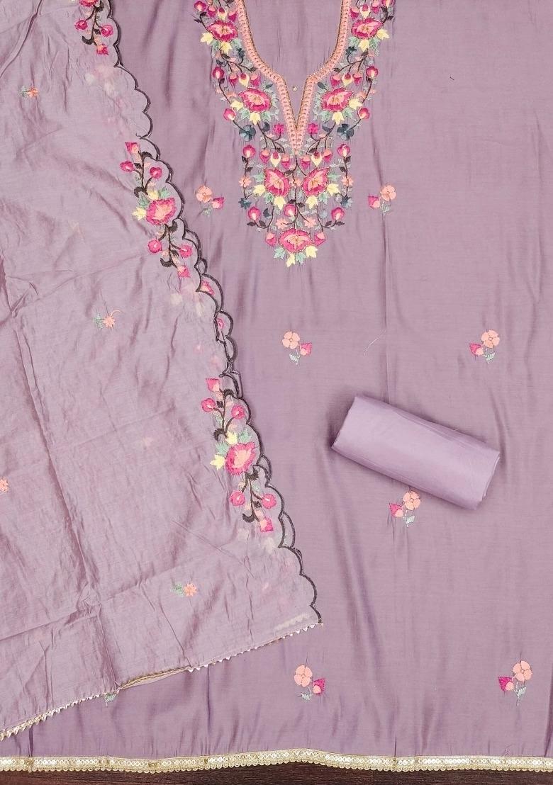 Lavender Embroidered Silk Dress Material - Indya