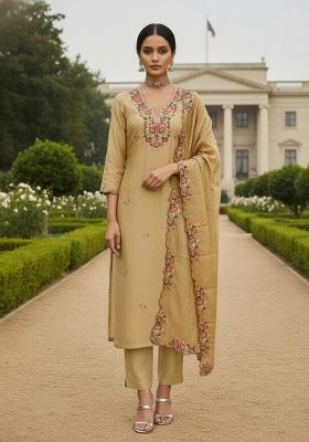Beige Embroidered Silk Dress Material