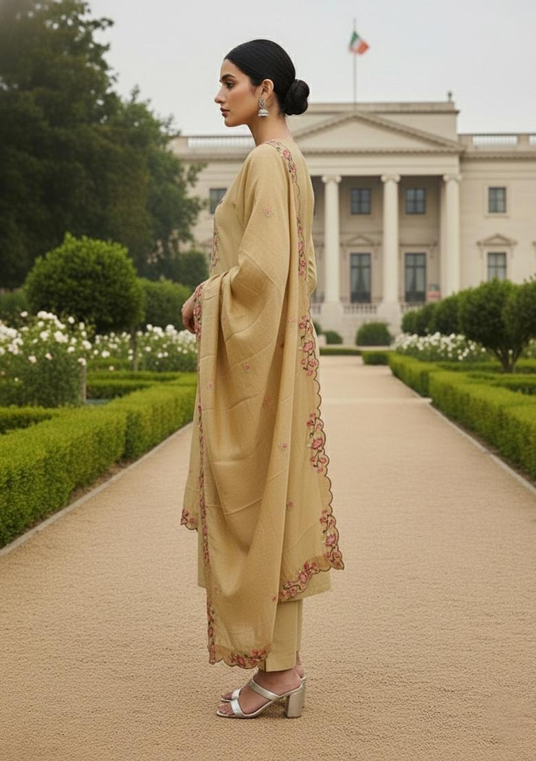 Beige Embroidered Silk Dress Material - Indya