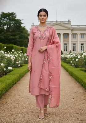 Peach Embroidered Silk Dress Material