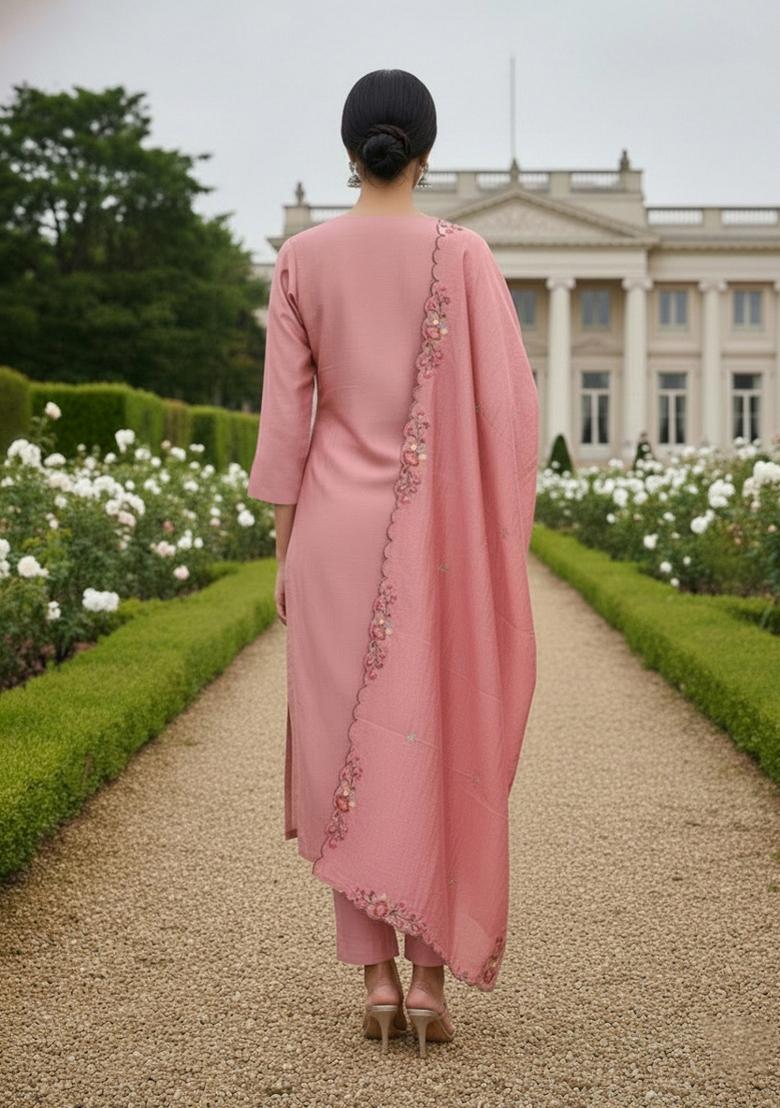 Peach Embroidered Silk Dress Material - Indya