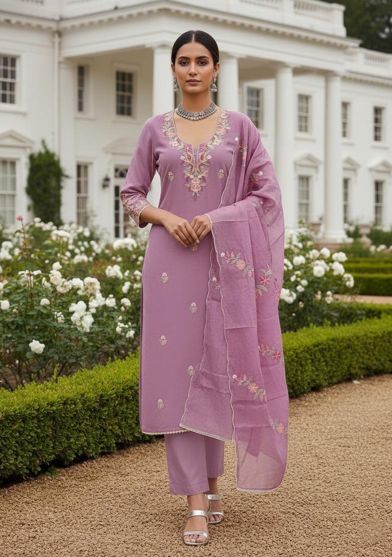 Pink Embroidered Silk Dress Material - Indya