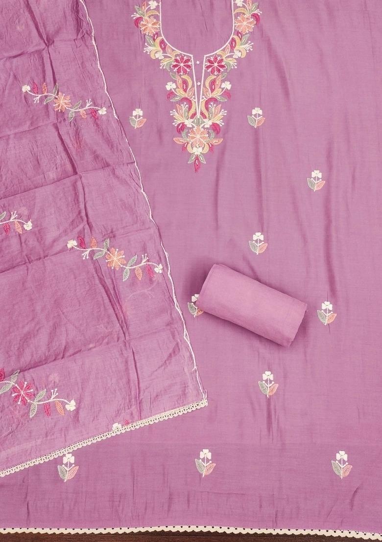 Pink Embroidered Silk Dress Material - Indya