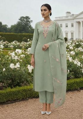 Green Embroidered Silk Dress Material