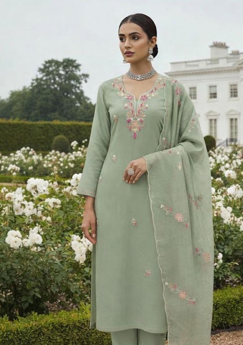 Green Embroidered Silk Dress Material - Indya