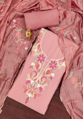 Peach Embroidered Silk Dress Material