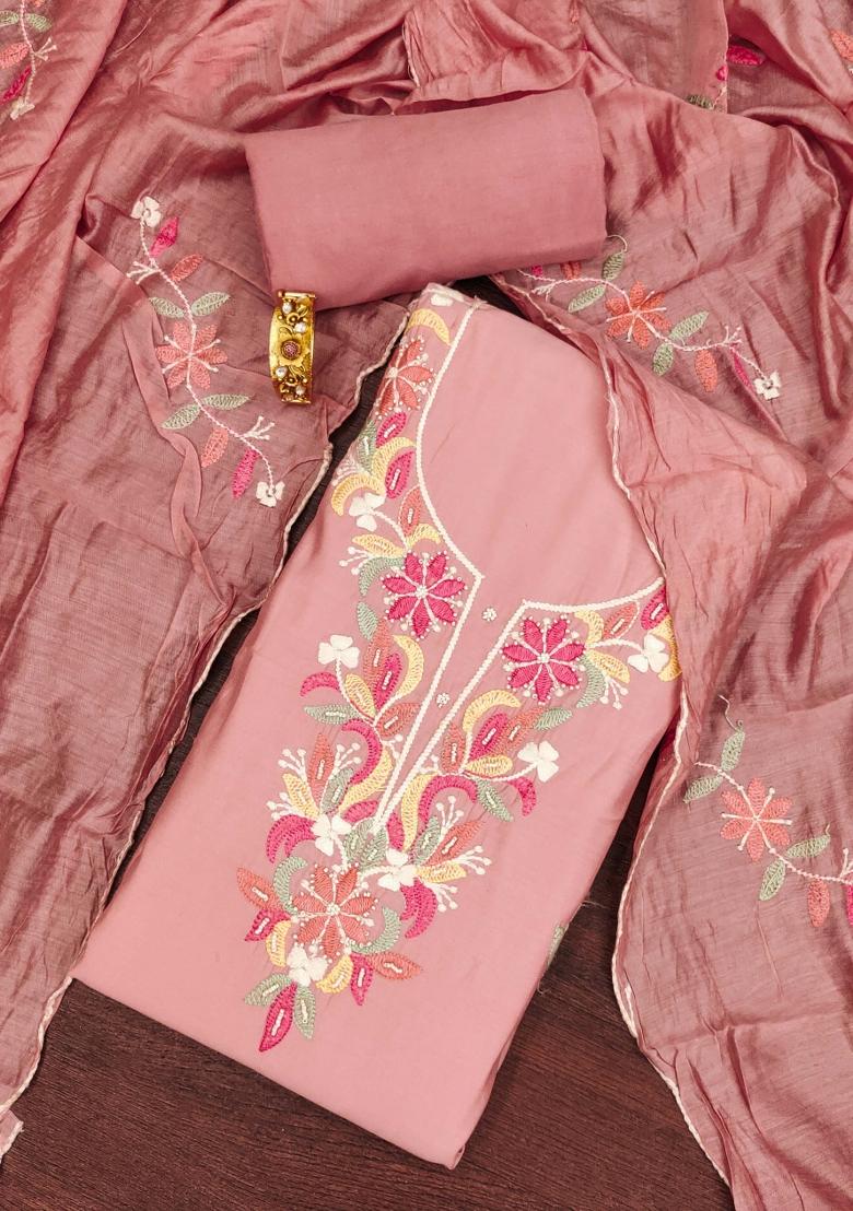 Peach Embroidered Silk Dress Material