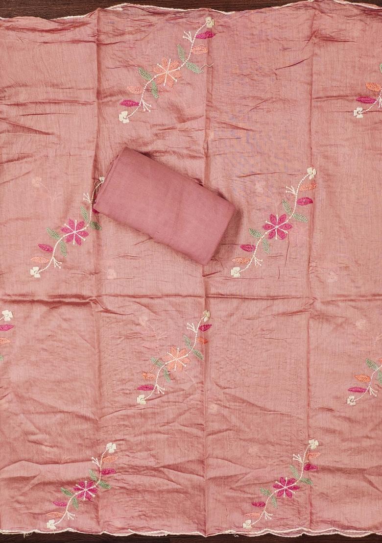 Peach Embroidered Silk Dress Material