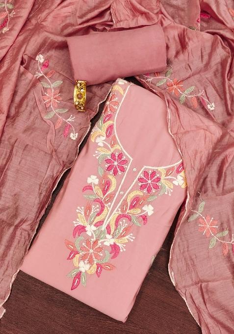 Peach Embroidered Silk Dress Material