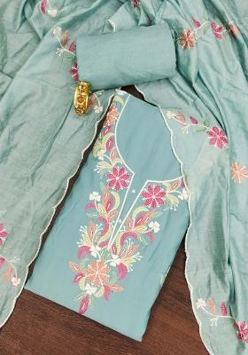 Sky Blue Embroidered Silk Dress Material