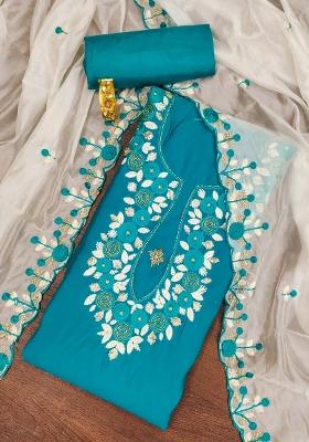 Teal Embroidered Silk Dress Material