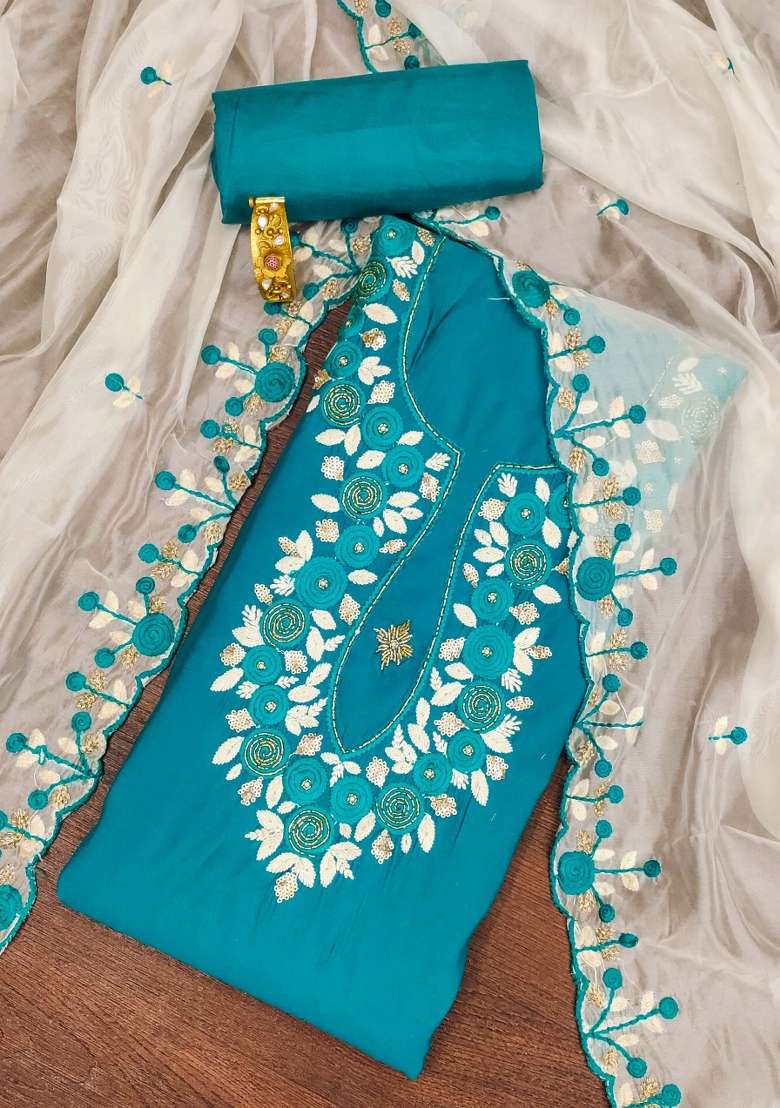 Teal Embroidered Silk Dress Material - Indya