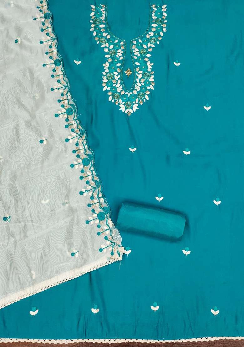 Teal Embroidered Silk Dress Material - Indya