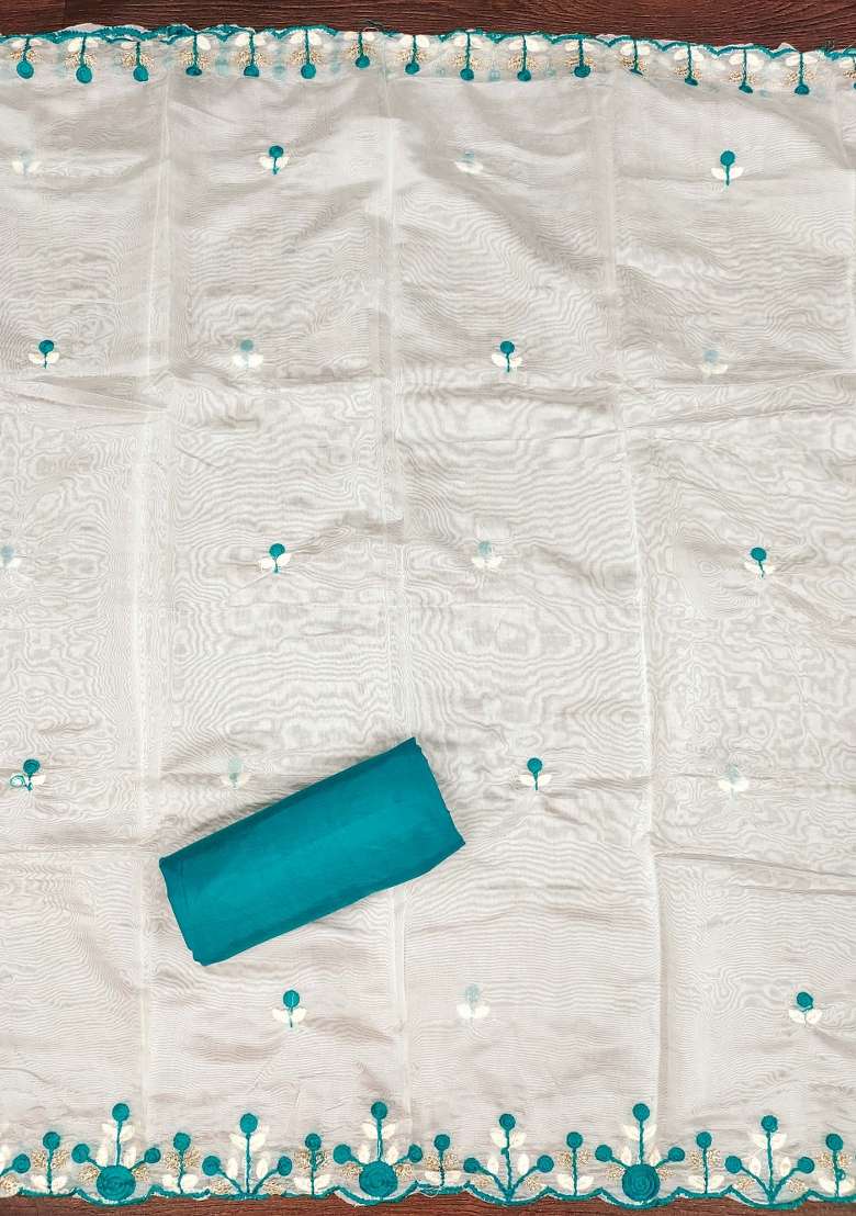 Teal Embroidered Silk Dress Material - Indya