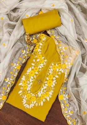 Mustard Embroidered Silk Dress Material
