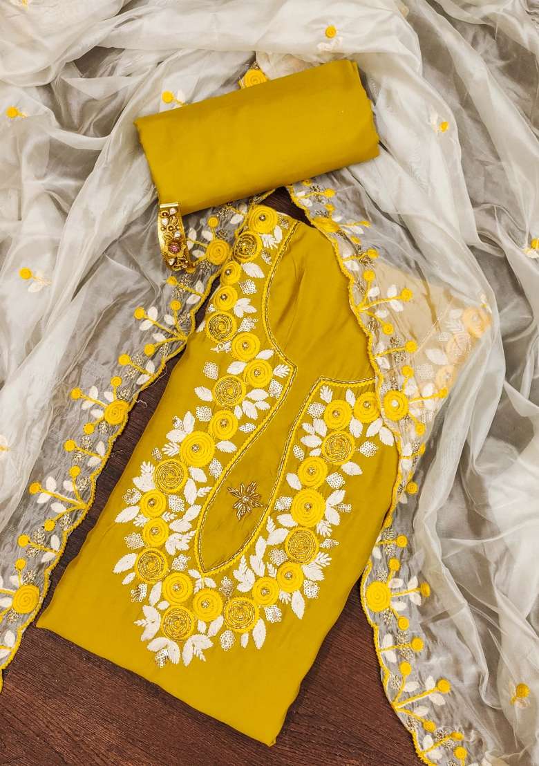 Mustard Embroidered Silk Blend Straight Kurta Set - Indya