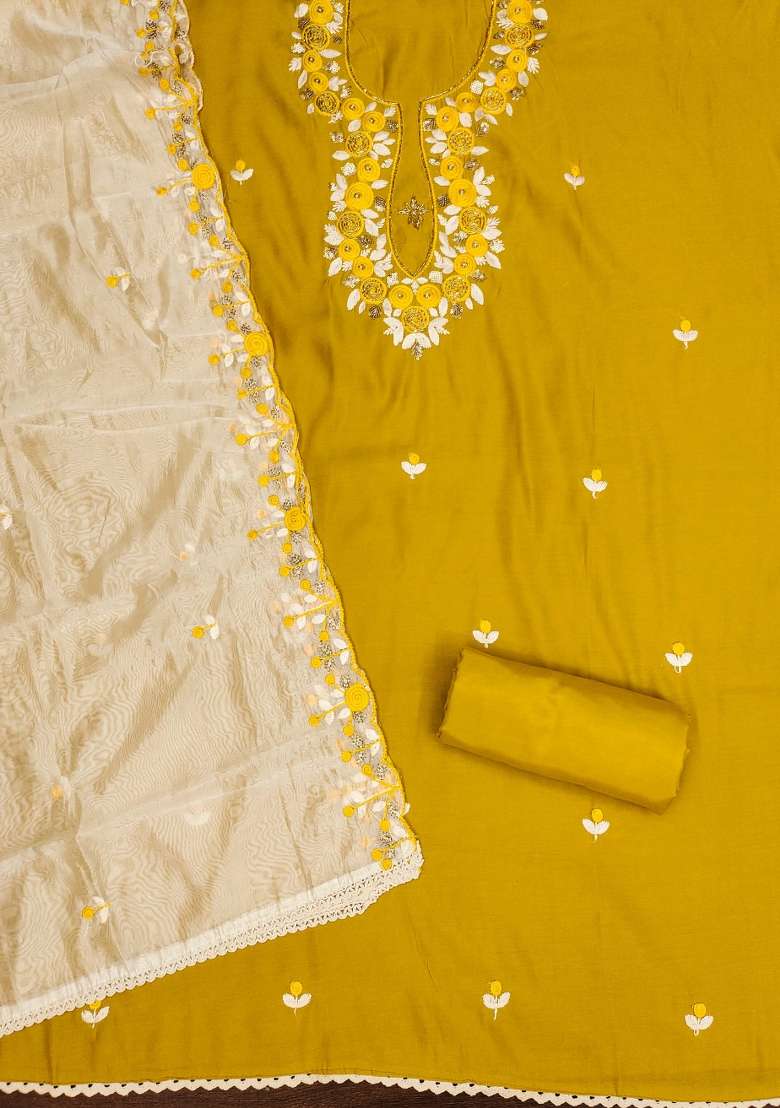 Mustard Embroidered Silk Blend Straight Kurta Set - Indya