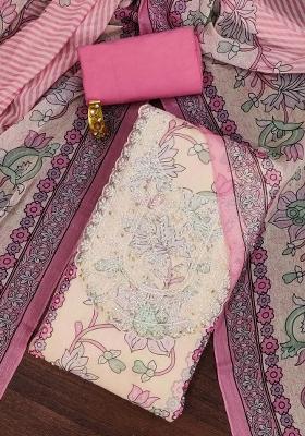 Pink Embroidered Oragnza Dress Material
