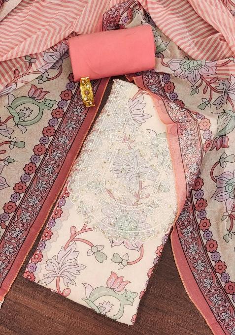 Peach Embroidered Oragnza Dress Material