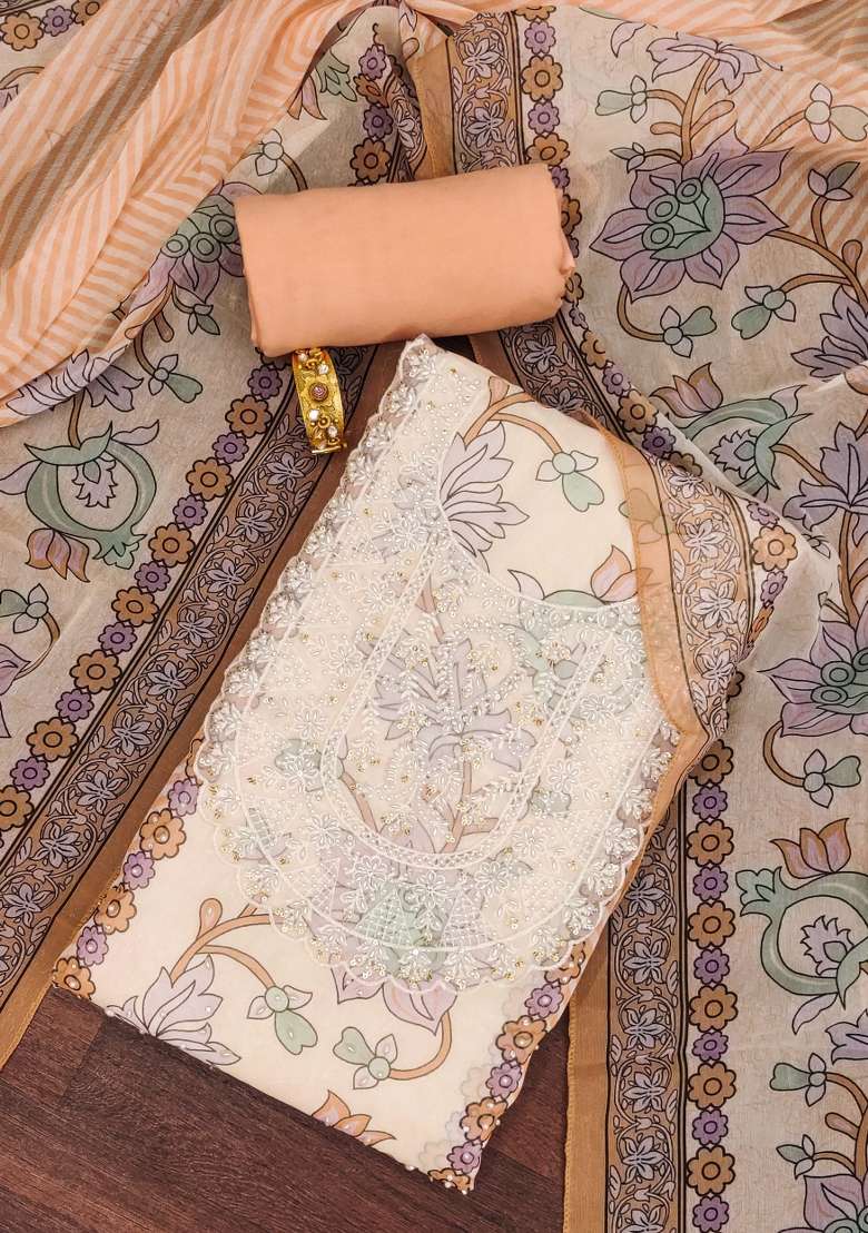 Orange Floral Print Organza Straight Kurta Set - Indya