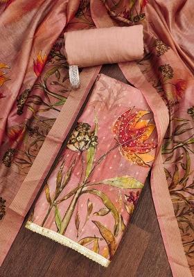 Peach Embroidered Cotton Blend Dress Material