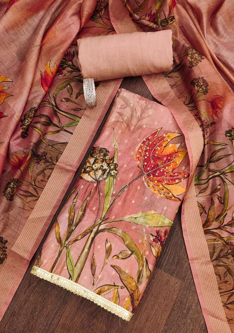 Peach Floral Print Blended Straight Kurta Set - Indya
