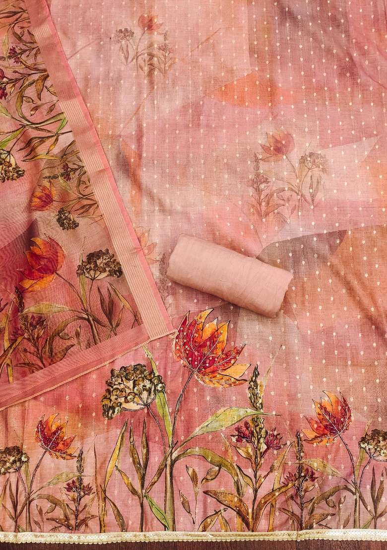 Peach Floral Print Blended Straight Kurta Set - Indya