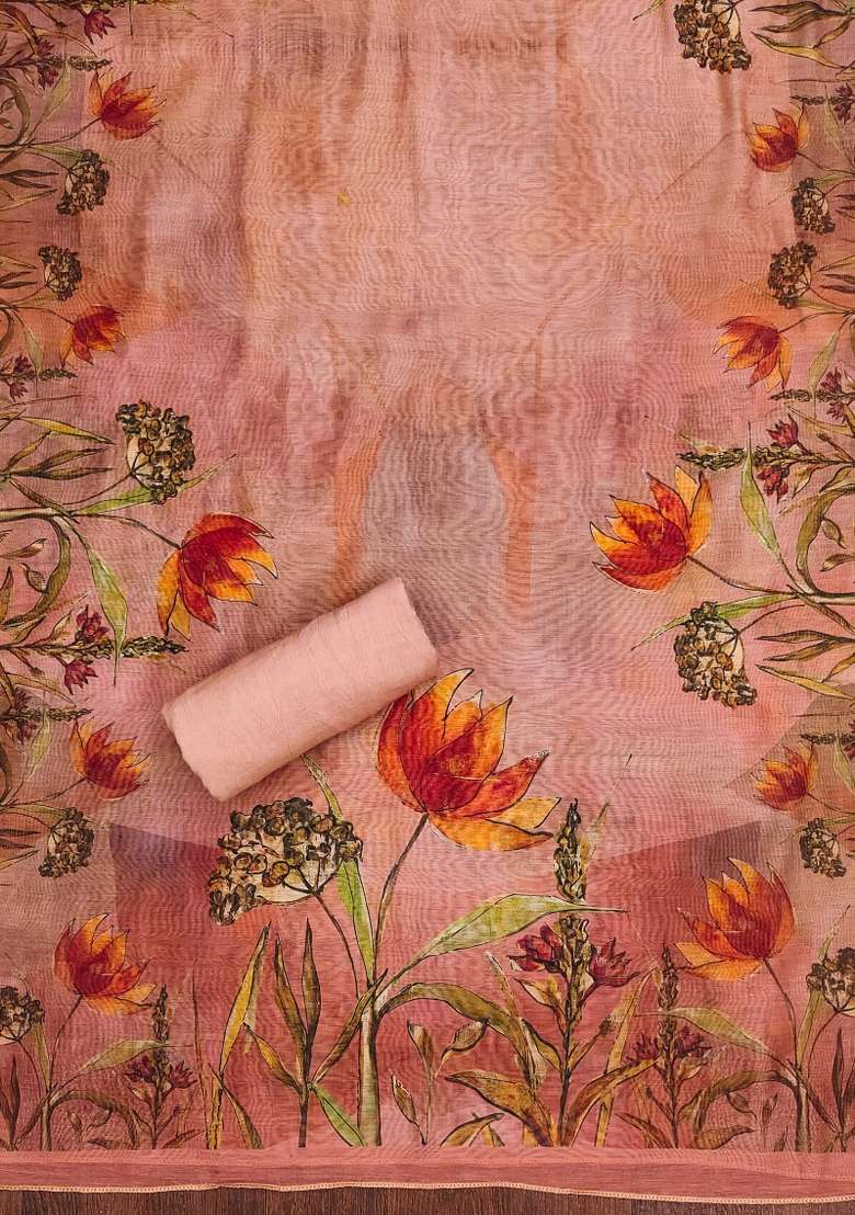 Peach Floral Print Blended Straight Kurta Set - Indya