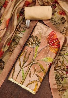 Beige Embroidered Cotton Blend Dress Material