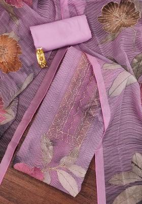 Pink Embroidered Oragnza Dress Material