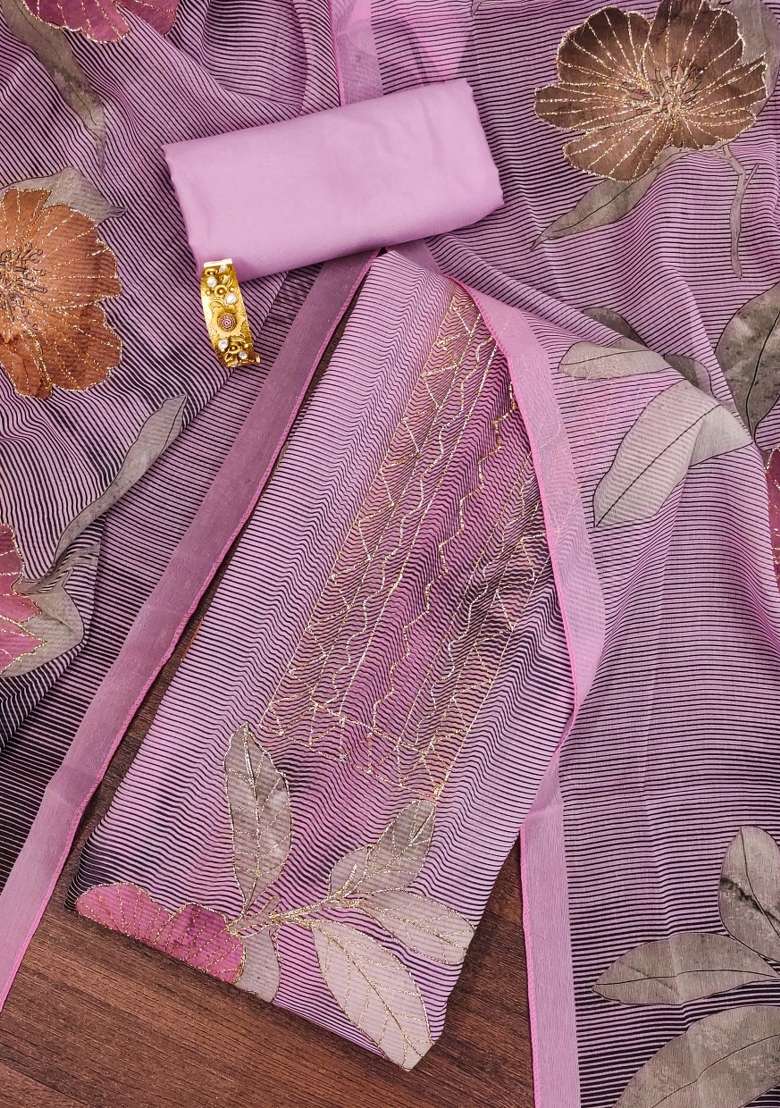 Pink Embroidered Oragnza Dress Material - Indya