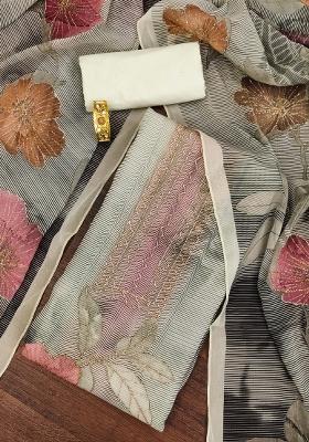 Cream Embroidered Oragnza Dress Material