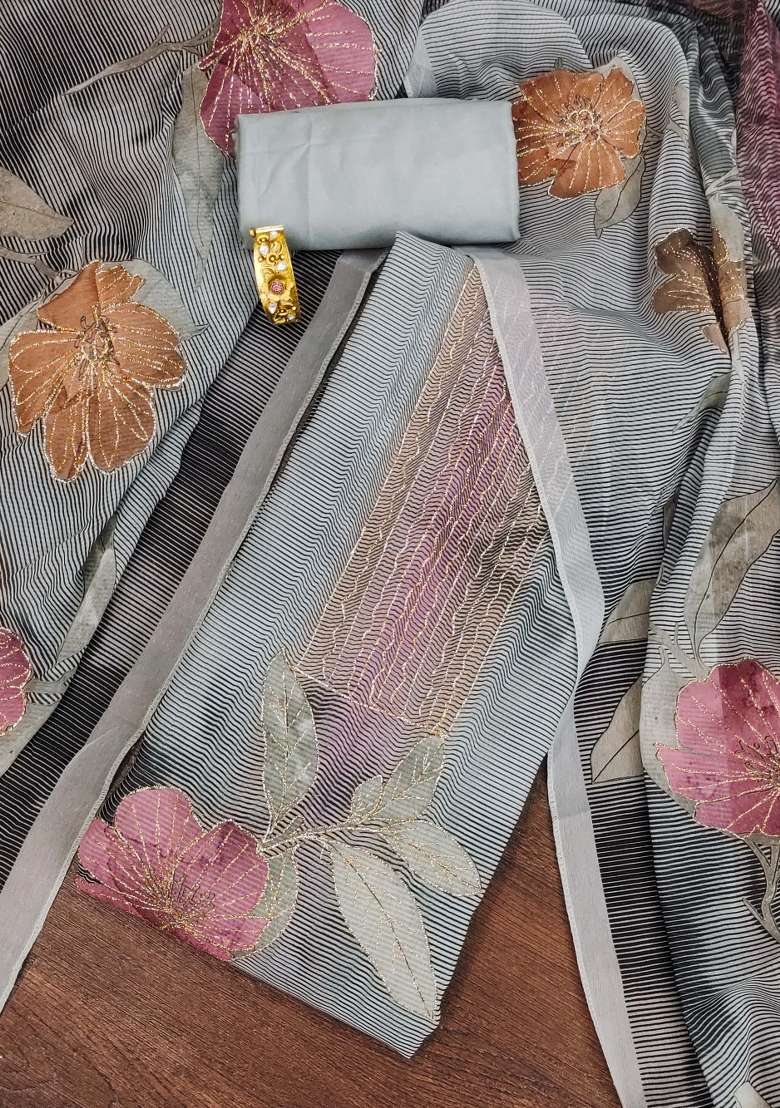 Grey Embroidered Oragnza Dress Material - Indya