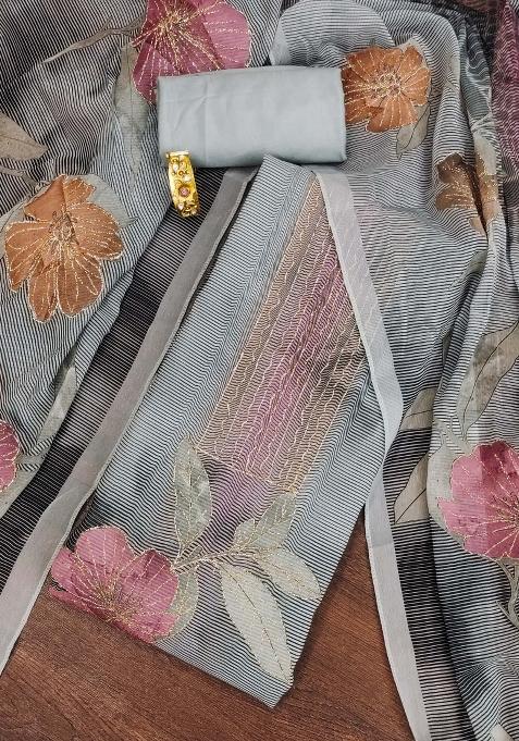 Grey Embroidered Oragnza Dress Material